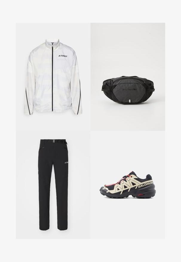 Valkoinen tuulenpitolo takki, jossa on mustia yksityiskohtia ja vetoketjusuljenta. Ominaisuuksiin kuuluu korkea kaulus ja hienovarainen geometrinen kuvio. Logo rinnassa.; The North Face M GLACIER FLEECE 1/4 ZIP JACKET - Fleecepaita - grey heather; Mustat ulkoiluhousut, joissa on sileä kangas, sivuilla vetoketjulliset taskut, vahvistetut polviosat ja säädettävä vyötärö, jossa on solki.; Mustat ja kermajauheiset urheilukengät, joissa on teksturoitu päällinen, punaiset nauhat ja huomiota herättävä pitoalusta. Ominaisuuksiin kuuluu sulava muotoilu vahvistetulla varpaalla.; Mustikkavärinen ja harmaapartaisella vyölaukulla, jossa on ruutukuvio, säädettävät hihnat, kaksi vetoketjullista osiota ja brändilogo edessä.