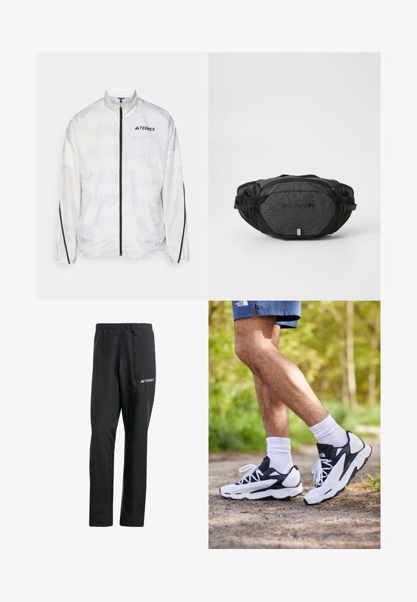 Weißer Windbreaker mit schwarzen Akzenten und einem Reißverschluss. Mit einem hohen Kragen und dezentem geometrischen Muster. Logo auf der Brust.; The North Face M GLACIER FLEECE 1/4 ZIP JACKET - Fleecepullover - grey heather; Schwarze, leichte Wanderhosen mit elastischem Bund, seitlichem Reißverschlussfach und reflektierendem TERREX-Logo. Glattes, wasserabweisendes Material.; Schwarz-weiße Sportschuhe mit einem Obermaterial aus Mesh, strukturierten Akzenten und weißen Schnürsenkeln. getragen mit weißen Knöchelsocken und dunkelblauen Shorts auf einem Weg.; Schwarze und graue Hüfttasche mit einem Karomuster, verstellbaren Riemen, zwei Reißverschlusstaschen und einem Markenlogo auf der Vorderseite.