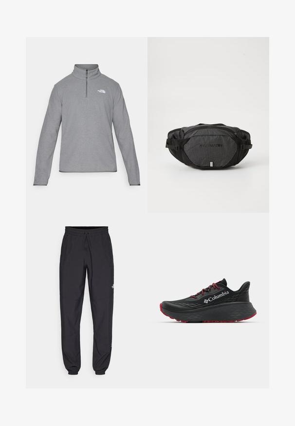 Weißer Windbreaker mit schwarzen Akzenten und einem Reißverschluss. Mit einem hohen Kragen und dezentem geometrischen Muster. Logo auf der Brust.; The North Face M GLACIER FLEECE 1/4 ZIP JACKET - Fleecepullover - grey heather; Langärmliges graues Shirt aus strukturiertem Stoff, mit einer dunkelgrauen Brusttasche und einem Reißverschluss. Logo in Weiß auf der Tasche.; Schwarze Sporthosen aus leichtem Stoff, mit einem Kordelzugbund, seitlichen Taschen und schmal zulaufenden Bündchen an den Knöcheln.; Schwarzer Sportschuh mit strukturiertem Obermaterial, roten Schnürsenkeln und Logo. Dicke Sohle mit strukturiertem Profil für Traktion. Minimalistisches Design, Seitenansicht.; Schwarze und graue Hüfttasche mit einem Karomuster, verstellbaren Riemen, zwei Reißverschlusstaschen und einem Markenlogo auf der Vorderseite.