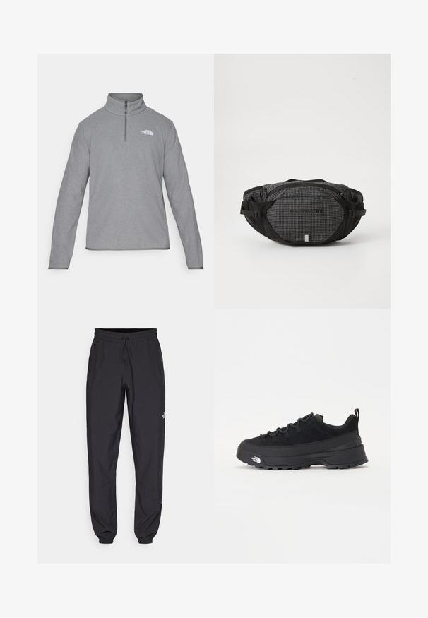 Bela jakna z vetrovko z črnimi detajli in zadrgo. Ima visok ovratnik in subtilen geometrijski vzorec. Logotip na prsih.; The North Face M GLACIER FLEECE 1/4 ZIP JACKET - Pulover iz flisa - grey heather; Črne atletske hlače iz lahkega materiala, ki imajo elastični pas z vezalko, stranske žepe in zožene manšete na gležnjih.; Črne zunanje teniske s zgornjim delom iz usnja z nubukom, teksturiranim gumijastim podplatom in trdnim vezalnim sistemom. Imajo ojačan petni del in logotip blagovne znamke na strani.; Črna in siva fanny pack z mrežnim vzorcem, nastavljivimi trakovi, dvema žepoma na zadrgo in logotipom blagovne znamke na sprednji strani.