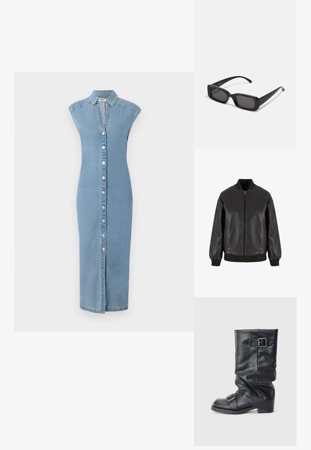 A fekete bőr bombázódzseki elülső cipzárral, bordázott mandzsettákkal és gallérral rendelkezik, sima textúrával és kényelmes, laza szabással.; Világoskék farmer ruha, galléros nyakkal, ujjatlan kivitelben, elöl gombos záródással és egyenes, bokáig érő szabással.; Fekete bőr csizma hajtott csonkkal, két ezüst csattal. Kerek orr és alacsony, lapos talp kialakítás. Simább textúra, minimális részletezéssel.; Fekete, téglalap alakú napszemüveg sötét lencsékkel, fényes felülettel, széles szárakkal és masszív keret designnal. Az egyik szárra gravírozott márkanevével.