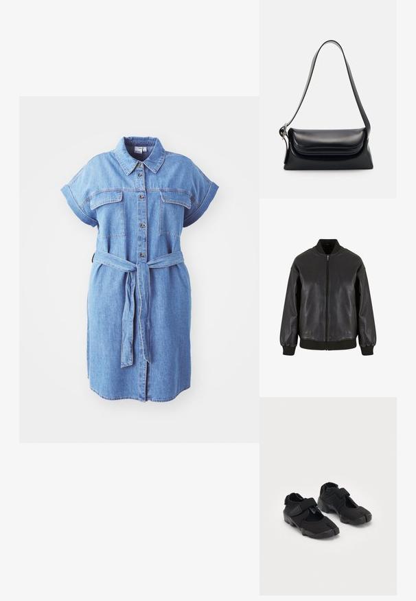 Juodas odinis bomberis pasižymi priekiniais užtrauktukais, raukšlėtais rankogaliais ir apykakle, minkšta tekstūra ir laisvo silueto dizainu.; Džinsinis suknelė marškiniai su trumpomis rankovėmis, mygtukų užsegimu priekyje, dviem krūtinės kišenėmis ir surišta liemens juosta; turi tiesų siluetą ir vidutinio ilgio dizainą.; Juodos vandens bateliai, pagaminti iš lanksčios medžiagos, su Velcro juosta, turintys unikalų padalintą pirštų dizainą ir tekstūruotą guminį padas, užtikrinantį sukibimą.; Juodas odinis rankinės krepšys su struktūrizuota forma, glotnia tekstūra ir viena petneša. Pasižymi subtiliu, apvaliu dangčiu.