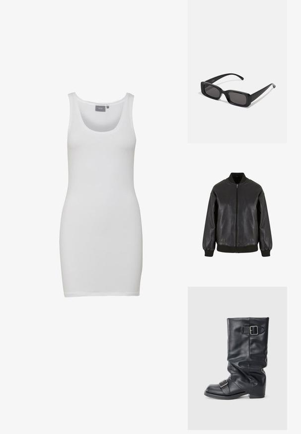 Jachetă bomber din piele neagră, cu fermoar frontal, manșete și guler ribanați, cu o textură netedă și un design lejer.; Rochie albă fără mâneci, cu decolteu rotund, fabricată dintr-un material neted și elastic. Design fără mâneci, cu o siluetă ajustată care ajunge până la mijlocul coapsei.; Bucurie din piele neagră cu un brâu pliat, având două catarame argintii. Vârf rotunjit și un design cu talpă joasă, plată. Textură netedă, detalii minime.; Ochelari de soare negri, cu ramă rectangulară, lentile întunecate, finisaj lucios, brațe late și un design masiv. Numele mărcii gravat pe una dintre brațe.