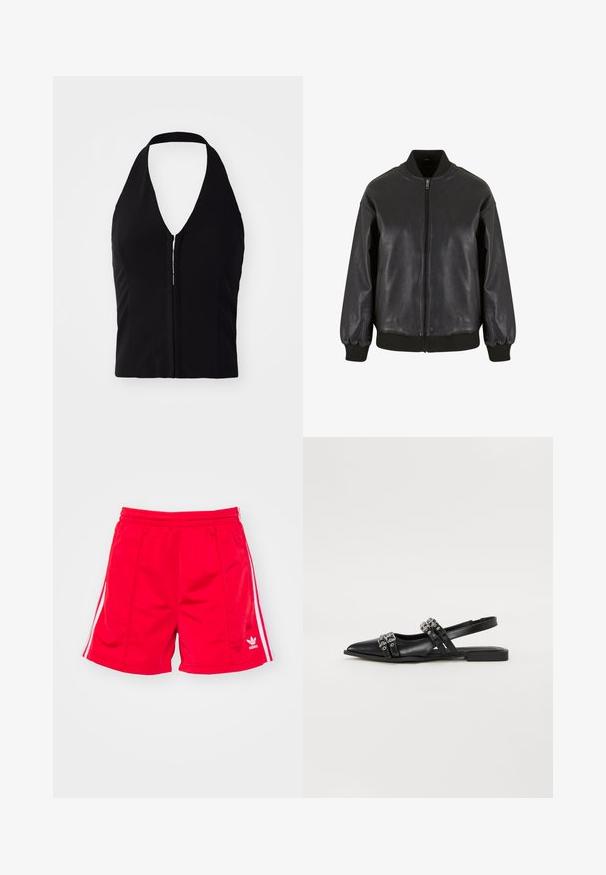 A fekete bőr bombázódzseki elülső cipzárral, bordázott mandzsettákkal és gallérral rendelkezik, sima textúrával és kényelmes, laza szabással.; Fekete, mély V-kivágású, pánt nélküli top, struktúrált alakzattal és elülső cipzárral. Simább anyag, látható minták vagy textúrák nélkül.; Piros sportnadrág rugalmas derékkal, fehér oldalsávokkal és hímzett logóval az alsó bal oldalon. Sima tapintású.; Even&Odd Balerina cipők - black
