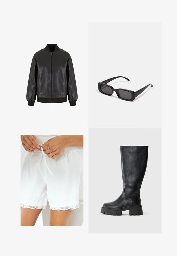 Czarna skórzana bomberka charakteryzuje się zamkiem błyskawicznym z przodu, prążkowanymi mankietami i kołnierzem, a także gładką teksturą i luźnym krojem.; Biały top na ramiączkach wykonany z lekkiego materiału. Posiada okrągły dekolt i szerokie wycięcia na ramionach, charakteryzuje się gładką fakturą i minimalistycznym wzornictwem.; Białe bawełniane szorty z elastycznym pasem i sznurkiem, z koronkowym wykończeniem na dolnym brzegu dla dodatkowego efektu.; Czarne kozaki do kolan wykonane z gładkiej skóry, z grubą, strukturującą podeszwą i subtelnymi szwami wzdłuż zewnętrznej strony.; Czarne prostokątne okulary przeciwsłoneczne z ciemnymi szkłami, błyszczącym wykończeniem, szerokimi zausznikami i masywną konstrukcją. Wygrawerowana nazwa marki na jednym z zauszników.
