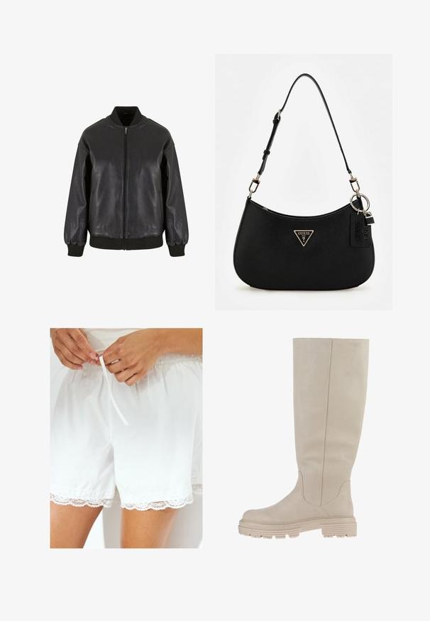 Čierna kožená bomber bunda má predný zips, rebrované manžety a golier, s hladkou textúrou a uvoľneným strihom.; Biely top bez rukávov vyrobený z ľahkej textílie. Má zaoblený výstrih a široké ramenné otvory, s hladkou textúrou a minimálnym dizajnom.; Biele bavlnené šortky s elastickým pásom a šnúrkou, s čipkovým lemom po obvode pre pridanie detailu.; Bežové vyššie čižmy z hladkej kože, s okrúhlou špičkou a mohutnou gumovou podrážkou s drážkovanou textúrou. Čisté línie a minimalistický dizajn.; Čierna syntetická plecnička s oblým siluetom, textúrovaným povrchom, zlatým trojuholníkovým logom a odnímateľnými kovovými detailmi.