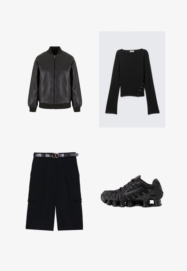 A fekete bőr bombázódzseki elülső cipzárral, bordázott mandzsettákkal és gallérral rendelkezik, sima textúrával és kényelmes, laza szabással.; Fekete, hosszú ujjú felső sima textúrából, hajókivágással, cropped hosszal és ezüst szorítókkal ellátott oldalsó részlettel.; Fekete cargo rövidnadrág könnyű anyagból, egyenes szabással, oldalsó zsebekkel és barna bőövvel, ezüst csattal.; Fekete sportcipő hálós felsőrésszel és fényes részletekkel. Ívelt rugózó párnázással és texturált vonalakkal rendelkezik az oldalán. Nike logó látható.