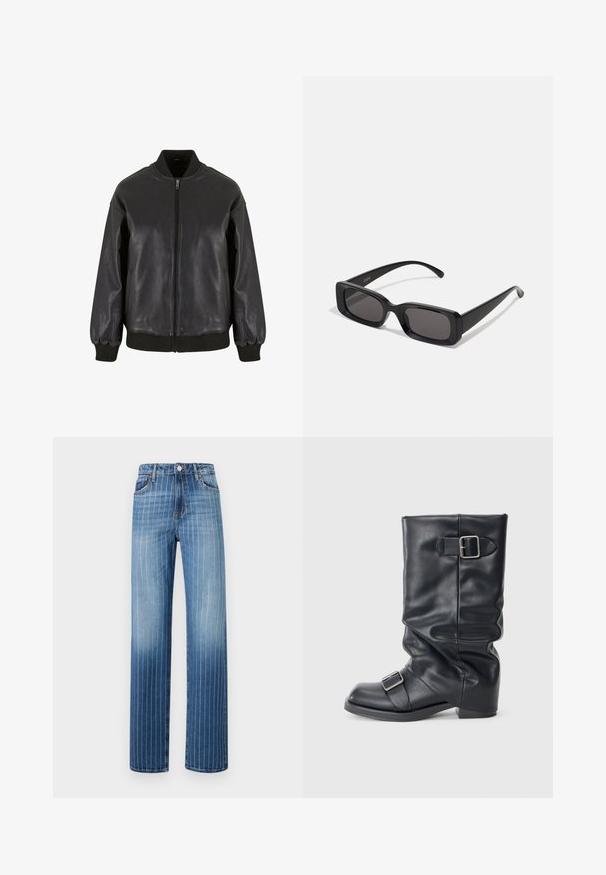 Černá kožená bomber bunda má přední zip, žebrované manžety a límec, hladkou texturu a volný střih.; Bílé bavlněné tílko s širokými ramínky, kulatým výstřihem a hladkou, žebrovanou texturou. Žádné vzory ani akcenty nejsou přítomny.; Světle modré denimové džíny s vertikálními bílými pruhy, rovného střihu, pěti kapsami a knoflíkovým zapínáním v pase.; Černá kožená bota s ohnutým holeněm, vybavená dvěma stříbrnými sponami. Zaoblená špička a nízká plochá podrážka. Hladký povrch, minimální zdobení.; Černé obdélníkové sluneční brýle s tmavými skly, lesklým povrchem, širokými ramínky a robustním designem rámu. Vytlačený název značky na jednom ramínku.