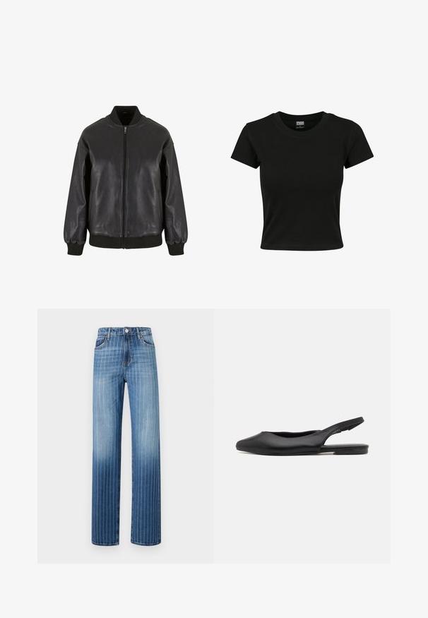 Svart lær bomberjakke med frontglidelås, ribbestrikkede mansjetter og krage, med en glatt tekstur og en avslappet passform.; Svart kortermet t-skjorte laget av glatt bomullsmateriale, med rund hals og en tett passform. Ingen synlige mønstre eller detaljer.; Lys blå denimjeans med vertikale hvite striper, rette ben, fem lommer og knapplukking i livet.; Svarte lær slingback-sko med spiss tå, flat hæl og buet utskjæringsdesign. Glatt tekstur og minimalistisk stil.