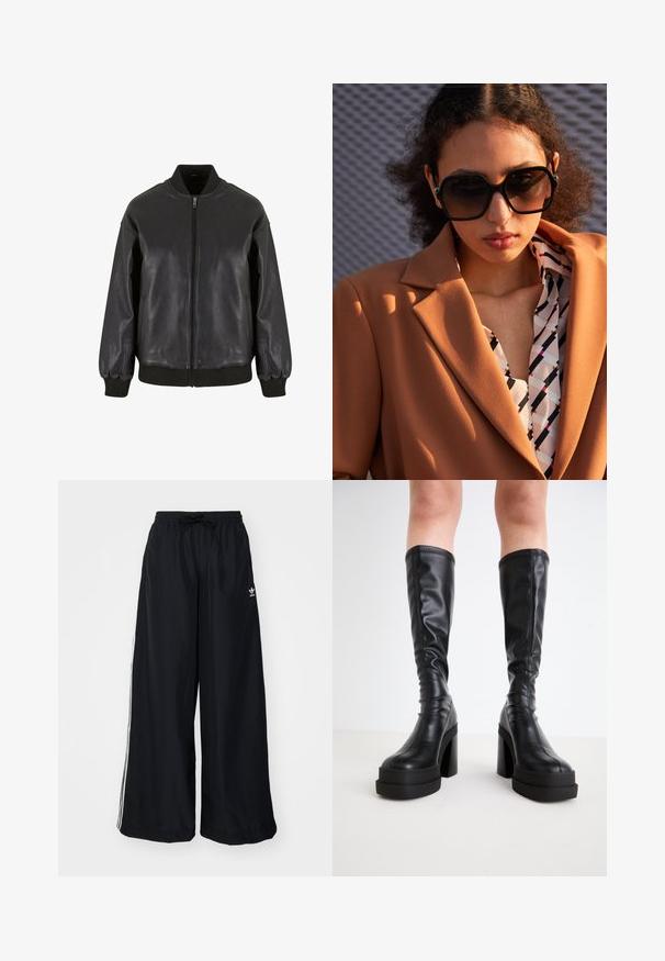 Black leather bomber jacket features a front zipper, ribbed cuffs, and collar, with a smooth texture and a relaxed fit design.; White short-sleeve top with a relaxed fit, featuring a gathered ruched design at the waist and smooth fabric texture. Label: Anna Field.; Black wide-leg pants made from lightweight fabric. Features an elastic waistband with drawstring and white side stripes. Brand logo on hip.; Black knee-high boots made of smooth leather, featuring a thick platform and block heel, with stitched detailing along the edges.; Brown blazer with wide lapels over a patterned shirt featuring geometric designs in black, white, and red. Large black sunglasses complete the look.