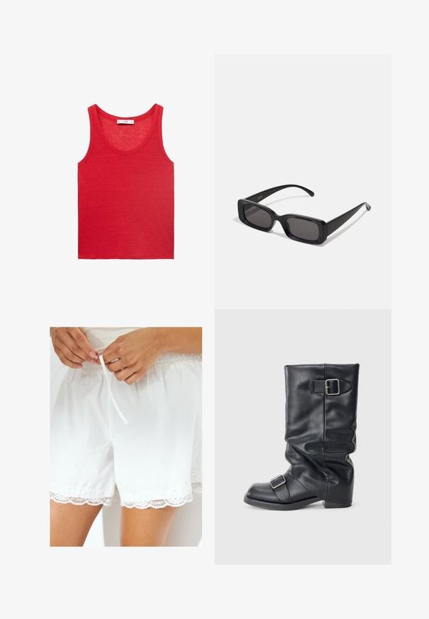 Black leather bomber jacket features a front zipper, ribbed cuffs, and collar, with a smooth texture and a relaxed fit design.; Red sleeveless tank top made of lightweight fabric, featuring a round neck and a simple, smooth texture without patterns or embellishments.; White cotton shorts featuring elastic waistband and drawstring, with lace trim along the hem for added detail.; Black leather boot with a folded shaft, featuring two silver buckles. Rounded toe and a low, flat sole design. Smooth texture, minimal detailing.; Black rectangular sunglasses with dark lenses, glossy finish, wide arms, and a chunky frame design. Engraved brand name on one arm.