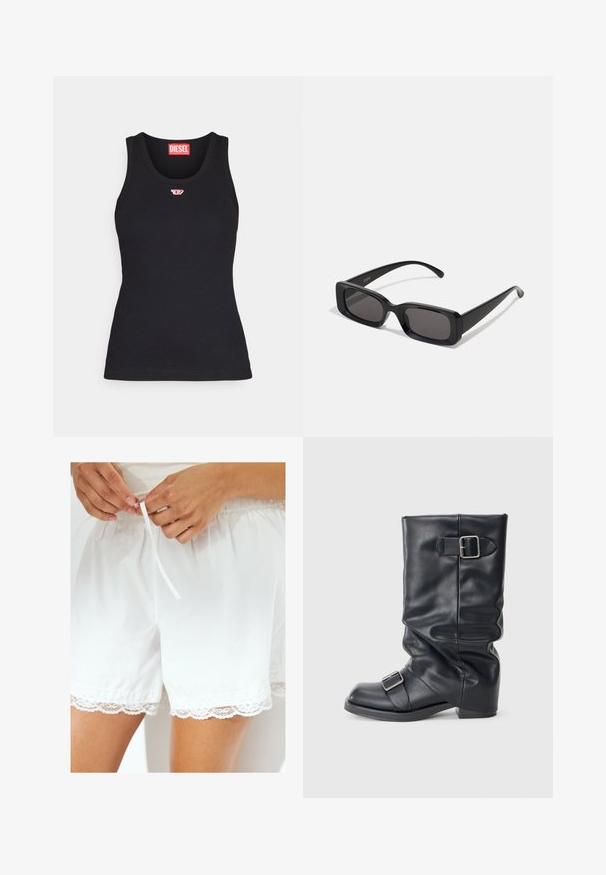 Črna usnjena bomber jakna ima sprednji zadrgo, rebraste zapestje in ovratnik, gladko teksturo ter zasnovo z sproščenim fitom.; Črn top brez rokavov iz bombaža z zaobljenim izrezom, ki ima majhen rdeč logotip na prsih in oprijet kroj.; Bela bombažna kratka hlače z elastičnim pasom in vrvico, z čipkastim robom za dodaten poudarek.; Črne usnjene škornje s pr folded šaftom, ki imajo dve srebrni zaponki. Okrogla konica in nizek, raven podplat. Gladka tekstura, minimalno okrasje.; Črne pravokotne sončna očala z temnimi lečami, sijajna površina, široka ročaja in masiven okvir. Vgravirano ime blagovne znamke na eni ročaji.