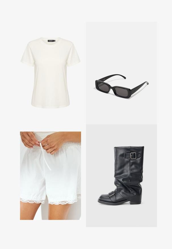 Mustaline nahast pommijakk, millel on esilukk, soonikkoes varrukad ja krae, sujuva tekstuuri ja vaba lõike disain.; Valge puuvillane T-särk lühikeste varrukatega ja ümmarguse kaelusega. Krae sees on silt, millel on kiri "SOAKED". Lihtne, siledapind.; Valged puuvillased lühikesed püksid, mis on varustatud elastse vöökoha ja nööriga, kaunistatud pitsist äärisega allääres.; Must mustad musta nahast, volditud varrega, kaks hõbedast konksu. Ümar varvas ja madal, tasane talla disain. Sile tekstuur, minimaalne kaunistus.; Mustad mustanäolised prillid tumedate läätsedega, läikiv viimistlus, laiad sangad ja massiivne raami disain. Ühe sanga peal on graveeritud brändi nimi.