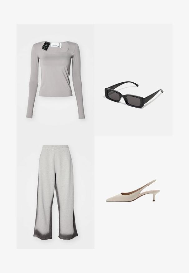 Crna kožna bomber jakna ima prednji zip, rebraste manžete i ovratnik, s glatkom teksturom i opuštenim krojem.; Majica dugih rukava u svijetlosivoj boji, sa kvadratnim izrezom, uskim krojem i glatkom tkaninom. Uključuje tagove pričvršćene na izrezu.; Sive trenerke s teksturiranim završetkom, s postupnim tamnosivim izbljeđivanjem na rubu, elastičnom strukom i širokim nogavicama.; Bež sandale s potpeticom, s uskim vrhom i niskom, proširenom potpeticom. Izrađene od glatke kože s minimalističkim dizajnom i podesivim remenom.; Crne pravokutne sunčane naočale s tamnim lećama, sjajnim završetkom, širokim drškama i masivnim okvirom. Ugraviran naziv branda na jednoj dršci.; Ženska torba s uzorkom leoparda i crnim remenom, pravokutnog oblika i glatke teksture. Torba se drži uz crne stanove sa zakovicama.