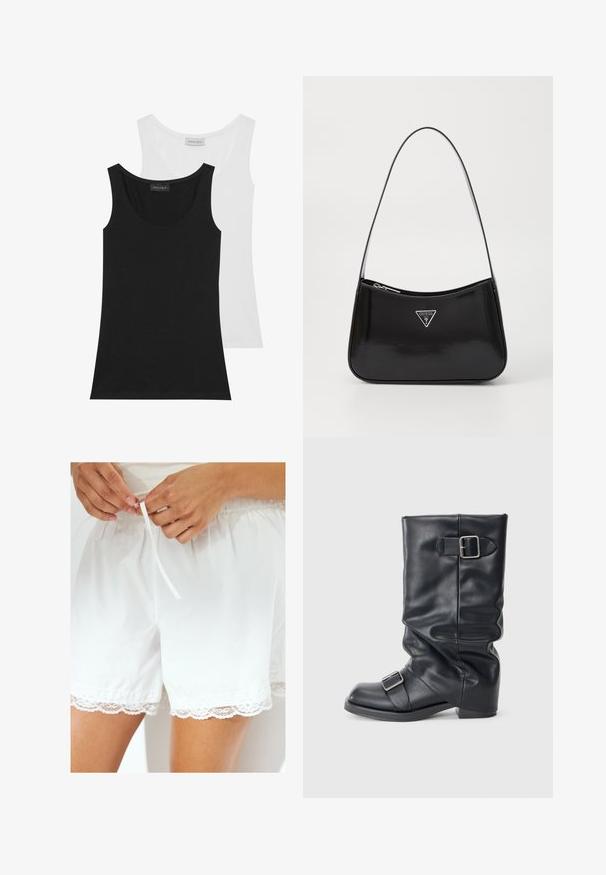 Juodas odinis bomberis pasižymi priekiniais užtrauktukais, raukšlėtais rankogaliais ir apykakle, minkšta tekstūra ir laisvo silueto dizainu.; Du priekiniai marškiniai juodos ir baltos spalvos. Pagaminti iš minkštos medvilnės, jie turi apvalią iškirptę ir be rankovių dizainą. Etiketės matomos nugaros pusėje.; Balti medvilniniai šortai su elastine juosta ir raišteliu, papildomi apdailos detalėmis iš nėrinių palei apatinį kraštą.; Juodas odinis botas su sulankstytu šonu, kuriame yra du sidabro sagtelės. Apvalus pirštas ir žemas, plokščias padas. Lygus tekstūra, minimalus detalizavimas.; Juodas lakinės odos peties krepšys, turintis kreivą formą, su sidabriniu trikampio logotipu ir užtrauktuko uždarymu. Lygus paviršius ir siauras diržas.