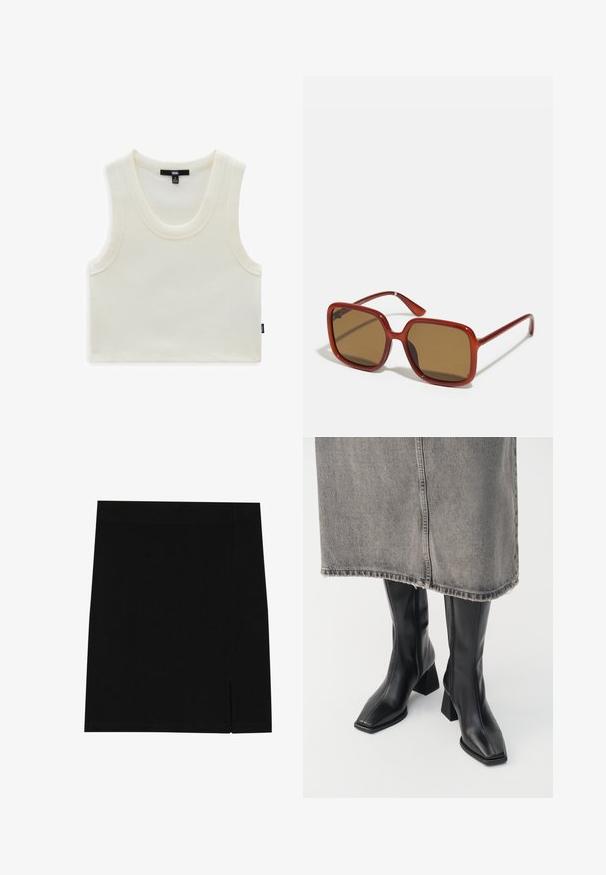 La chaqueta bomber de cuero negro presenta un cierre frontal con cremallera, puños y collar de canalé, con una textura suave y un diseño de corte relajado.; Top sin mangas blanco de canalé con escote amplio y aberturas para los brazos. Presenta una etiqueta de marca visible en el cuello y una etiqueta lateral con el nombre de la marca.; Mini falda negra de tejido suave con un diseño ajustado, que presenta una ligera abertura en el costado para mayor detalle.; Botas negras hasta la rodilla de cuero liso con punta cuadrada y tacón cuadrado. Llevadas con una falda de mezclilla gris con dobladillo desflecado.; Gafas de sol cuadradas rojas con lentes tintados marrones. Montura gruesa y brillante, con varillas delgadas y un pequeño detalle en el lateral para añadir interés visual.; Bolso de piel negra con una forma estructurada, una textura suave y una sola correa para el hombro. Presenta un diseño de tapa sutil y redondeado.