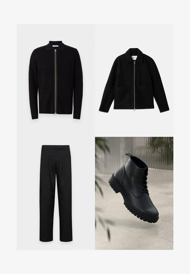 Sort uldjakke med lynlås foran, krave og to store påsyede lommer. Glat tekstur med en struktureret design.; Sort zip-up sweater med krave og brystlomme. Fremstillet af blødt, teksturet stof. Har en fuld længde lynlås og lange ærmer.; Hvid kortærmet t-shirt i bomuldsstof med rund halsudskæring. Enkel design uden mønstre eller detaljer. Glat tekstur.; Sorte bukser lavet af glat stof, med et lige ben-design, to frontfolder og en standard talje med bæltestropper.; Sorte læder ankelstøvler med rund tå, snørebåndsdesign og robust gummisål. Glat tekstur med en løkke bagpå.