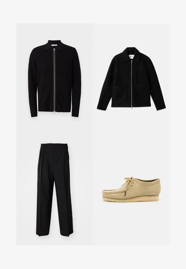 Black wool jacket featuring a zip front, spread collar, and two large patch pockets. Smooth texture with a structured design.; Black zip-up sweater with a collar and a chest pocket. Made from soft, textured fabric. Features a full-length zipper and long sleeves.; White short-sleeve t-shirt in cotton fabric with a round neckline. Simple design with no patterns or accents. Smooth texture.; Black pleated trousers with a straight, wide-leg design. Made from smooth fabric, featuring a button closure and belt loops.; Beige suede shoe with a lace-up design, stitched detailing, and a rubber sole. The shape is casual with a slight wedge heel.