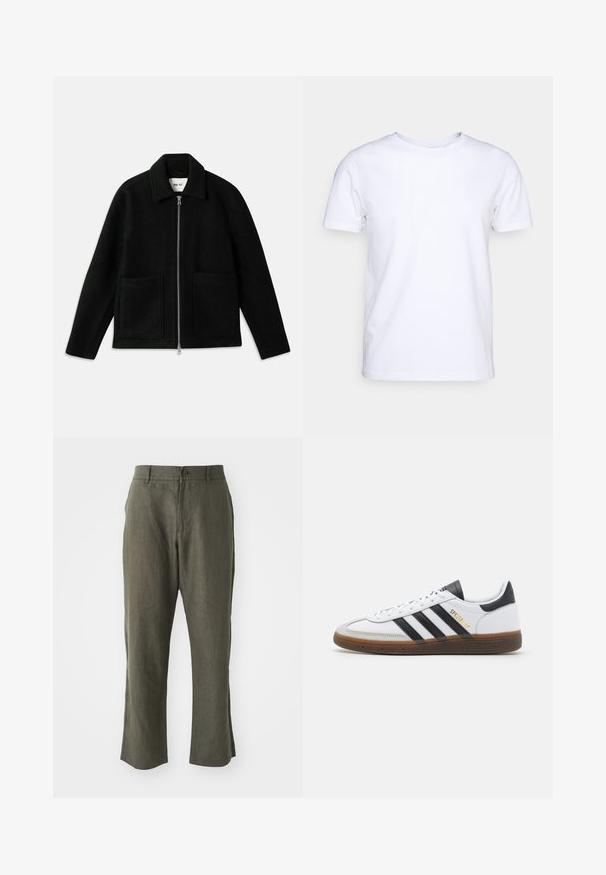 Jachetă din lână neagră cu fermoar în față, guler răspândit și două buzunare mari cu petice. Textură netedă cu un design structurat.; Tricou alb cu mânecă scurtă din material de bumbac, cu guler rotund. Design simplu, fără tipare sau accente. Textură netedă.; Pantaloni din in de culoare verde măsliniu, cu croială dreaptă, bucle pentru curea, închidere cu nasture în față și buzunare laterale. Textură netedă, design minimalist.; Tenisi din piele albă cu accente din suede negru, trei dungi negre, talpă din cauciuc bej și branding auriu "SPEZIAL" pe lateral.