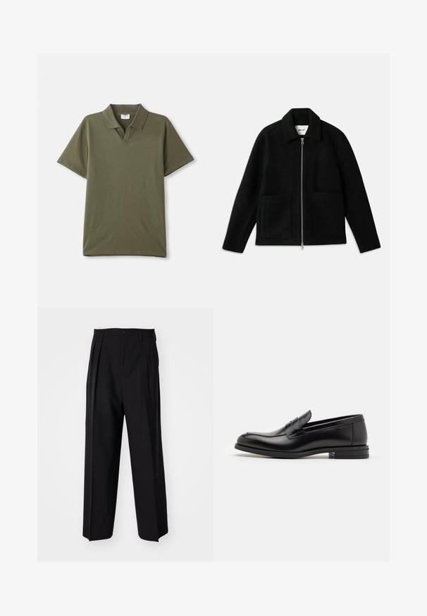 Černá vlněná bunda s předním zipem, rozloženým límcem a dvěma velkými náprsními kapsami. Hladká textura s strukturovaným designem.; Polo tričko v olivově zelené barvě vyrobené z hladké bavlny. Má klasický límeček a krátké rukávy. Minimalistický design bez vzorů nebo akcentů.; Černé skládací kalhoty s rovnými, širokými nohavicemi. Vyrobené z hladké tkaniny, se zapínáním na knoflík a poutky na opasek.; Černé kožené polobotky s hladkou texturou, zaoblenou špičkou a zdobným páskem přes nárt. Nízký stohovaný podpatek, minimalistický design.