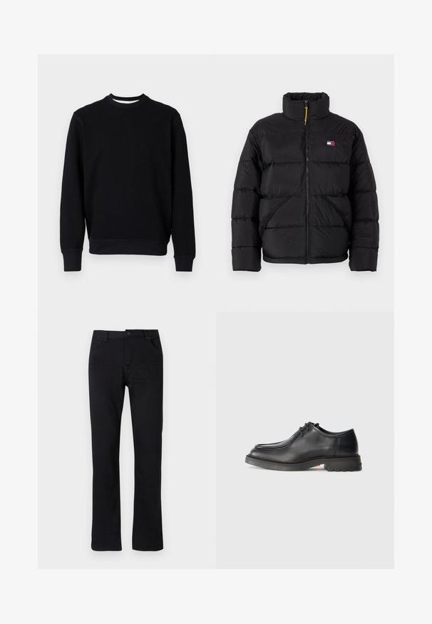 Tommy Jeans VAIL PUFFER - Zimná bunda - black; Čierna mikina s rebrovaným okrúhlym výstrihom, dlhými rukávmi a textúrovanou tkaninou. Má rovnomernú farbu bez viditeľných vzorov alebo akcentov.; Čierne džíny s rovnými nohavicami vyrobené z denimu. Obsahujú zips, päť vreciek a jemné prešívanie. Plochý pás s pútkom na opasok.; Čierna kožená topánka s hladkým povrchom, okrúhlym prstom a plytkým vrúbkovaním. Hrubá gumová podrážka s miernym opätkom a vzorom protišmyku.
