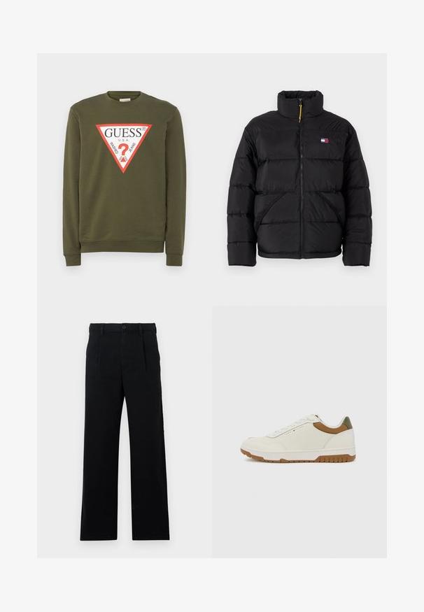 Tommy Jeans VAIL PUFFER - Vinterjacka - black; Guess AUDLEY - Sweatshirt - olive morning; Svarta skräddarsydda byxor gjorda av bomull; har en flat front, synliga sömmar och rak benform. Knapplåsning vid midjan.; Tommy Hilfiger BASKET CORE - Sneakers - ecru/army green
