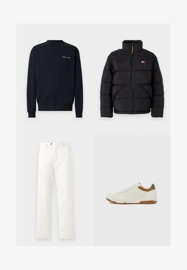 Tommy Jeans VAIL PUFFER - Winterjas - black; Donkerblauwe sweatshirt van katoen. Heeft een ronde hals, lange mouwen en twee kleine witte merknamen op de bovenste linkerkant van de borst.; Witte op maat gemaakte broek van een katoenmix. Voorzien van een recht gesneden pijpdesign, voorzakken en een enkele knoopsluiting.; Tommy Hilfiger BASKET CORE - Sneakers laag - ecru/army green