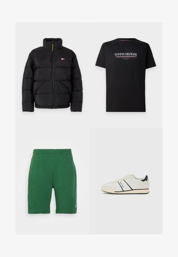 Tommy Jeans VAIL PUFFER - Vinterjakker - black; Sort bomulds t-shirt med et hvidt og farvet "TOMMY HILFIGER" logo, med "NEW YORK" og "1985" i mindre tekst nedenunder. Korte ærmer, rund hals.; Grønne jersey shorts med elastisk talje og sidelommer, prydet med et lille logo på venstre ben. Glat tekstur, knælang.; Hvide afslappede sneakers med sorte accenter og "TOMMY JEANS" branding på siden, flad sål med rillede bunde, og snørebåndsdesign.