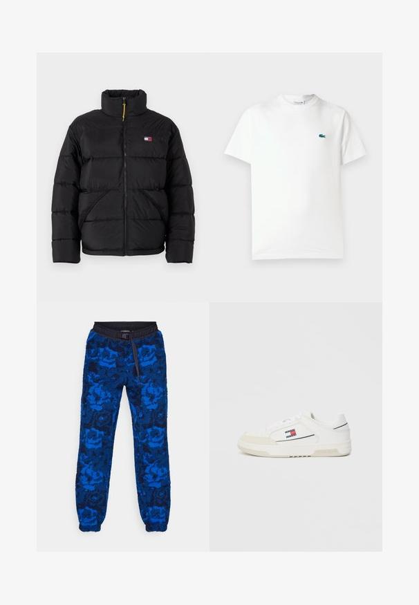 Tommy Jeans VAIL PUFFER - Winter jacket - black; White cotton t-shirt featuring a crew neck, short sleeves, and a small green embroidered crocodile logo on the left chest.; Blue fleece joggers with a floral pattern, featuring a black elastic waistband and drawstring. Textured fabric with elastic cuffs at the ankles.; White sneakers with a smooth leather upper and suede toe cap, featuring a small red, white, and blue logo on the side and textured sole.