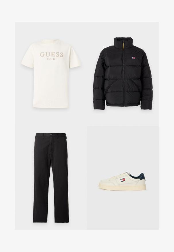 Tommy Jeans VAIL PUFFER - Téli dzseki - black; Fehér, rövid ujjú póló puha pamutból, a mellkason domború "GUESS" és "EST. 1981" felirattal világos bézs színben.; Fekete, pamutból készült nadrág, sima felülettel, egyenes szárvágással és elülső gombos zárással, övhurkokkal.; Tejszínből készült bőrsneaker, tengerészkék sarokkal és nyelvvel, az oldalán piros, fehér és kék logópárnával.