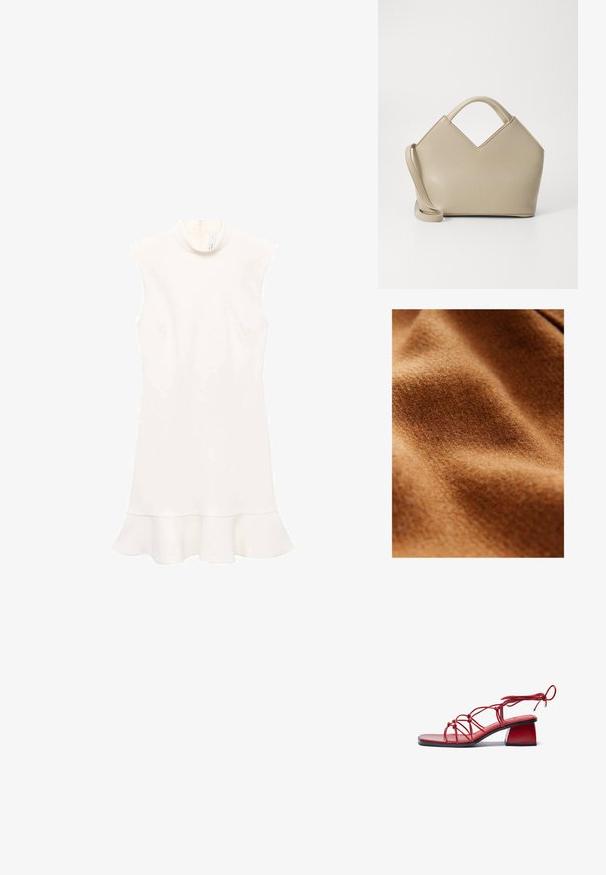 Bruine wolstof met een zachte, textuurachtige oppervlakte, die golven en plooien vertoont en de warmte en dikte ervan benadrukt.; Witte mouwloze jurk met een hoge hals, voorzien van een uitlopende onderrand en een gladde textuur. Eenvoudig ontwerp zonder patronen of zichtbare hardware.; Rode sandaal met hakken, gemaakt van glanzende materialen. Heeft een vierkante neus, een ingewikkeld schouderontwerp en een dikke blokhak.; Beige gestructureerde handtas met een V-vormige bovenkant, van glad leder, korte handvatten en een lange verstelbare schouderriem. Minimalistisch ontwerp.