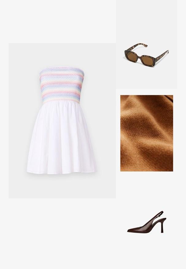 Rjava volnena tkanina z mehko, teksturirano površino, ki prikazuje valove in gube, kar poudarja njeno toplino in debelino.; Kroj brez naramnic z nabranim, večbarvnim korzetom in razširjeno belo krilo. Narejen iz lahkotnega materiala, ki se ponaša z gladko teksturo.; Rjava usnjena slingback čevlja s koničastim nosom in tankim petam. Ima majhno dekorativno sponko na traku in sijajno površino.; Sončna očala iz kornjačine s poudarjenim, okroglim okvirjem in rjavimi lečami. Imajo subtilne vzorce in ravne, zožene ročke.; Sara torbica iz svetlo rjave usnje s dvema ročajema in odstranljivim naramnim trakom. Ima zlat tonirni zaponko in teksturirano površino.