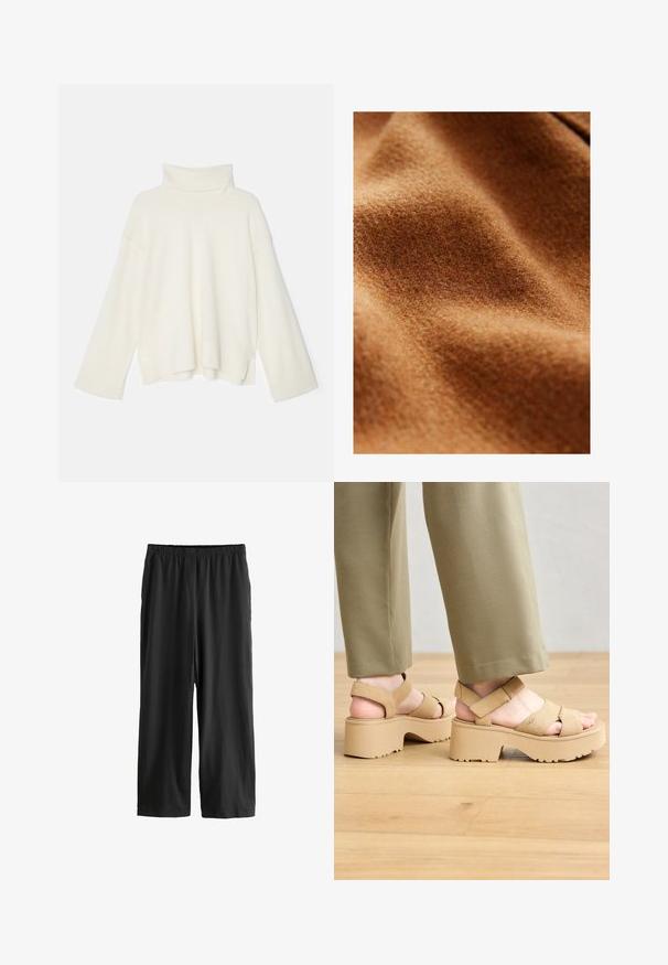 Tessuto di lana marrone con una superficie morbida e strutturata, che mostra ondulazioni e pieghe, mettendo in evidenza il suo calore e spessore.; Maglione a collo alto color crema chiaro, vestibilità oversize, texture a coste, spalle scese e maniche ampie, realizzato in un morbido tessuto a maglia.; Pantaloni neri fino al ginocchio realizzati in tessuto leggero. Vita elastica e texture liscia con un design a gamba dritta. Senza dettagli visibili o motivi.; Sandali platform in suede beige con cinturini larghi e suola spessa. Presentano un cinturino posteriore regolabile e una suola testurizzata per una migliore aderenza.