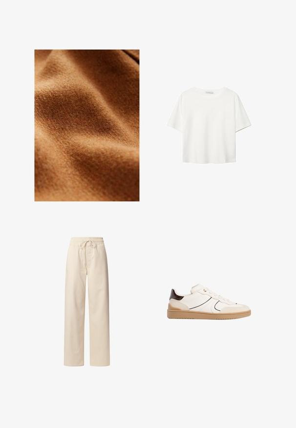 Hnědá vlněná tkanina s jemným, texturovaným povrchem, vykazující vlny a záhyby, zdůrazňující svou teplou a silnou strukturu.; Bílý krátký rukáv tričko vyrobené z bavlny. Má kulatý výstřih a volný střih. Hladký materiál bez viditelných vzorů nebo akcentů.; Beige bavlněné kalhoty s elastickým pasem a šňůrkou. V širokém střihu s hladkou texturou a bez viditelných vzorů či akcentů.; Stradivarius Tenisky - white