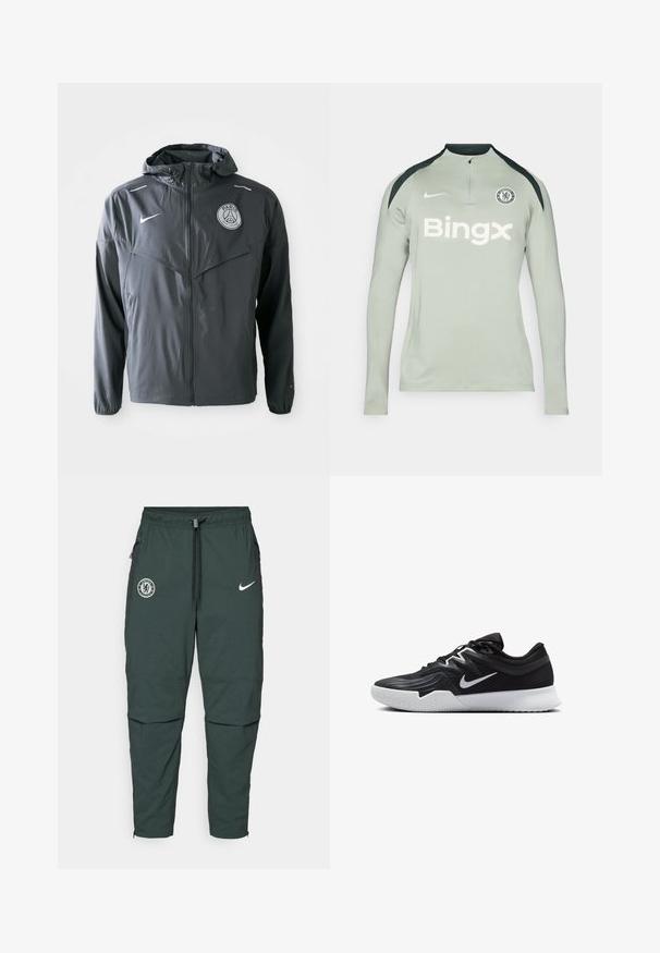 Leichtgewichtige graue Herrenjacke aus wasserabweisendem Material. Verfügt über einen Reißverschluss, eine Kapuze und das Paris Saint-Germain-Logo auf der Brust.; Langärmliges, hellgraues Sportshirt mit schwarzen Schulterakzenten, Reißverschlusskragen, Nike-Logo und dem Text 'Bingx' auf der Vorderseite. Chelsea FC-Logo ist vorhanden.; Dunkelgrüne Nike Jogginghosen mit elastischem Bund, verstellbarem Kordelzug, seitlichen Reißverschlüssen und Chelsea FC-Logo auf dem linken Oberschenkel.; Schwarzer Sportschuh mit strukturiertem Obermaterial, weißem Nike-Warenzeichen und einer weißen Gummisohle. Verfügt über ein Schnürdesign und eine dynamische Form.