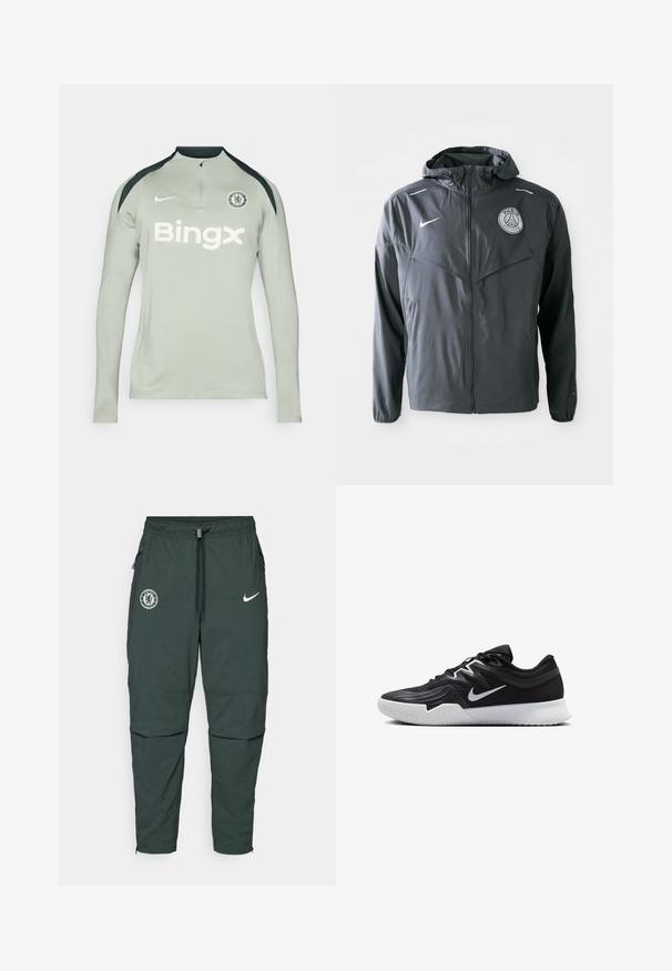 Leichtgewichtige graue Herrenjacke aus wasserabweisendem Material. Verfügt über einen Reißverschluss, eine Kapuze und das Paris Saint-Germain-Logo auf der Brust.; Langärmliges, hellgraues Sportshirt mit schwarzen Schulterakzenten, Reißverschlusskragen, Nike-Logo und dem Text 'Bingx' auf der Vorderseite. Chelsea FC-Logo ist vorhanden.; Dunkelgrüne Nike Jogginghosen mit elastischem Bund, verstellbarem Kordelzug, seitlichen Reißverschlüssen und Chelsea FC-Logo auf dem linken Oberschenkel.; Schwarzer Sportschuh mit strukturiertem Obermaterial, weißem Nike-Warenzeichen und einer weißen Gummisohle. Verfügt über ein Schnürdesign und eine dynamische Form.