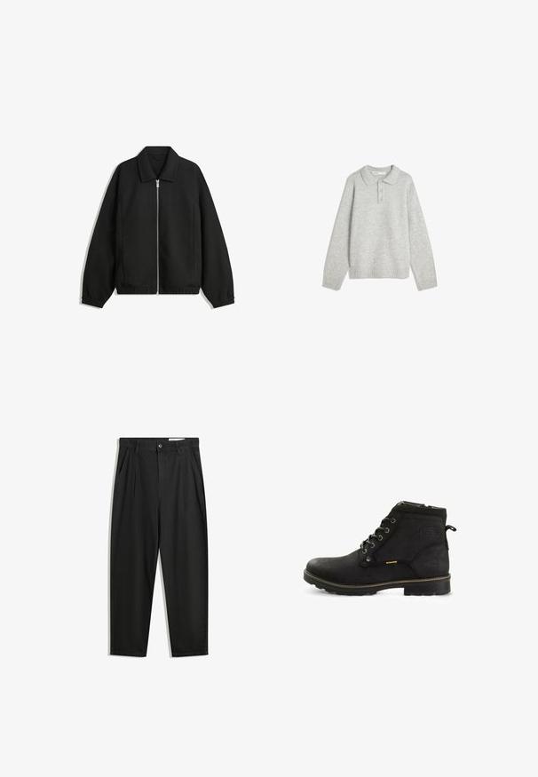 Veste noire en tissu texturé, dotée d'une fermeture éclair sur toute la longueur, d'un col et de poignets élastiques avec une coupe décontractée et des poches latérales.; Pull en tricot gris avec un col montant, trois boutons à l'avant et un ourlet côtelé. Le tissu semble doux et texturé, avec une coupe décontractée.; Pantalon en coton noir avec une coupe décontractée, dotés d'une taille classique, de plis à l'avant et de poches latérales. Texture lisse sans motifs.; Bottines noires avec une texture en cuir lisse, bout rond, six œillets en métal, accent jaune et semelle en caoutchouc robuste.