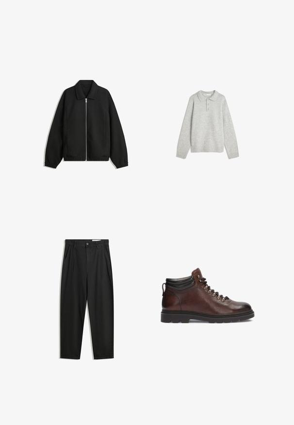 Črna jakna iz teksturirane tkanine, z dvostranskim zadrgo spredaj, ovratnikom in elastičnimi manšeti, sproščenega kroja in stranskimi žepi.; Sivi pleteni pulover s ovratnikom, tremi sprednjimi gumbi in rebrastim robom. Tkanina se zdi mehka in teksturirana, s sproščenim krojem.; Črne bombažne hlače s sproščenim krojem, ki vključujejo klasičen pas, sprednje gube in stranske žepke. Gladka tekstura brez vzorcev.; Rjave usnjene pohodne škornje z teksturirano površino, srebrnimi očesi in črnim ovratnikom okoli gležnja. Gumijast podplat z robustnim профилom.
