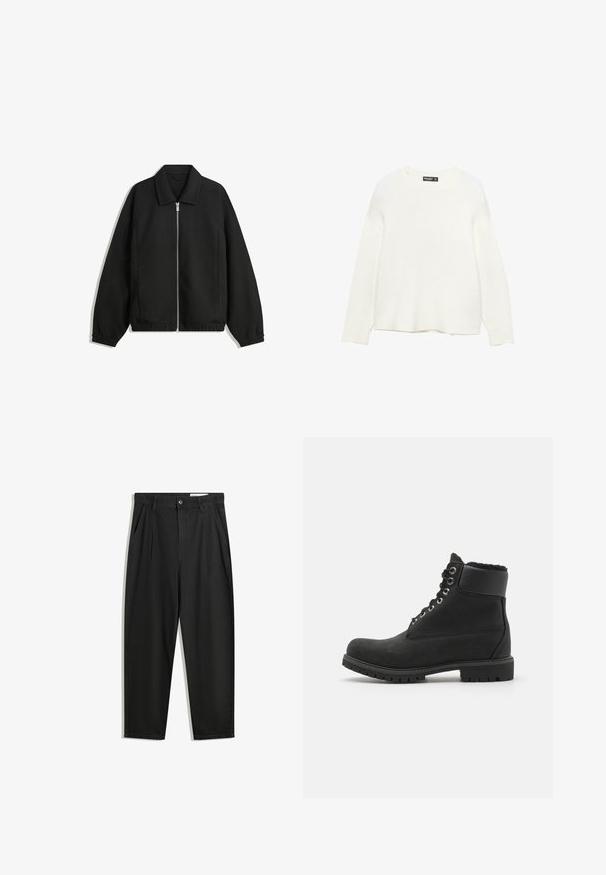 Černá bunda vyrobená z texturované látky, s plným předním zipem, límcem a elastickými manžetami, s volným střihem a bočními kapsami.; Bílý svetr vyrobený z měkkého, strukturovaného materiálu. Má kulatý výstřih a dlouhé rukávy. Rovný lem s uvolněným střihem.; Černé bavlněné kalhoty s uvolněným střihem, klasickým pasem, předními záhyby a bočními kapsami. Hladká textura bez vzorů.; Černé kotníkové boty vyrobené z jemného semiše s gumovou podrážkou, zdobené kovovými očky, šňůrkami a měkkým umělým kožíškem kolem vrchu.