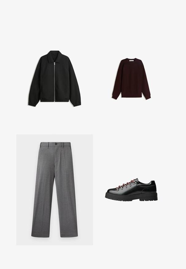 Černá bunda vyrobená z texturované látky, s plným předním zipem, límcem a elastickými manžetami, s volným střihem a bočními kapsami.; Burgundský pletený svetr s kulatým výstřihem, dlouhými rukávy a žebrovanými manžetami a lemem. Má texturovanou tkaninu a volný střih.; Šedé široké kalhoty z texturované látky se zapínáním na knoflíky, bočními kapsami a výrazným záhybem podél nohou.; Černá kožená turistická bota s červenými a bílými tkaničkami, velkými očky a silnou podešví se vzorkem pro lepší přilnavost a stabilitu.