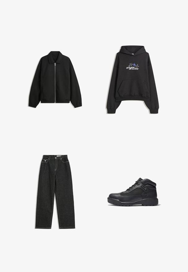 Sort jakke lavet af struktureret stof, med fuld frontlynlås, krave og elastiske mansjetter, i en afslappet pasform og sidelommer.; Sort hætte-trøje med frontlomme, ribbede manchetter og grafisk tekst "STUCK IN LUCK" under fem stjerner, en farvet blå, på brystet.; Sorte straight-leg jeans med hvid syning, fem lomme-design, knap- og lynlåslukning samt et lille logo på den frontale højre lomme.; Sort vandrestøvle lavet af læder og mesh, med polstret krave, snørebånd foran, gummisål med godt greb og prægede logo.
