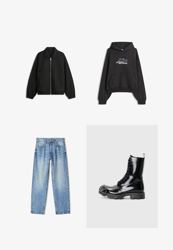 Fekete kabát texturált anyagból, teljes elöl cipzárral, gallérral és rugalmas mandzsettákkal, laza szabással és oldalsó zsebekkel.; Fekete kapucnis pulóver elülső zsebbel, bordázott mandzsettákkal, és grafikai felirattal: "STUCK IN LUCK", öt csillag alatt, ebből egy kék színű, a mellkason.; Világoskék farmernadrág, laza szabással, egyenes szárú dizájnnal, öt zsebbel és kopottas textúrával. Elöl gombos és cipzáros záródással.; Fekete lakkbőr harci csizma fényes felülettel, fűzős dizájnnal, vastag gumitalppal és jellegzetes elülső fémrészekkel.