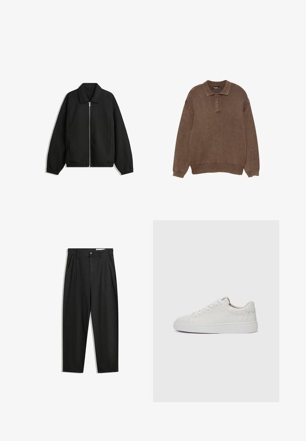 Fekete kabát texturált anyagból, teljes elöl cipzárral, gallérral és rugalmas mandzsettákkal, laza szabással és oldalsó zsebekkel.; Barna kötött pólósweater gallérral, három gombos záródással, bordázott mandzsettákkal és szegéllyel, enyhén oversized szabással és texturált anyaggal.; Fekete pamut nadrág laza szabással, klasszikus derékrésszel, elülső hajtásokkal és oldalsó zsebekkel. Simább textúra minta nélkül.; Fehér bőr, alacsony szárú sportcipő kerek orral, lapos fehér gumitalppal és minimalista varrási részletekkel. A fűzők hat szemre fűzve.