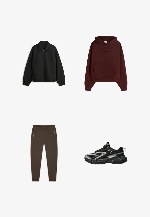 Črna jakna iz teksturirane tkanine, z dvostranskim zadrgo spredaj, ovratnikom in elastičnimi manšeti, sproščenega kroja in stranskimi žepi.; Bordo kapuca s prednjim džepom, s zlatnim logotipom "OVRNRM". Napravljen od mekog pamuka, ima opušten kroj i rebraste manžetne.; Dropsize SUPER BLANK - Spodnji deli trenirk - chocolatebrown; Črne in srebrne športne teniske z teksturirano mrežasto zgornjim delom, elegantnim dizajnom in oblazinjenim podplatom. Imajo vezalke in zanko za poteg na hrbtni strani.