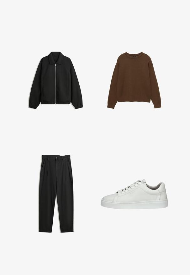 Černá bunda vyrobená z texturované látky, s plným předním zipem, límcem a elastickými manžetami, s volným střihem a bočními kapsami.; Hnědý pletený svetr s kulatým výstřihem, dlouhými rukávy a volným střihem. Hladká textura s ribbovanými manžetami a lemem.; Černé bavlněné kalhoty s uvolněným střihem, klasickým pasem, předními záhyby a bočními kapsami. Hladká textura bez vzorů.; Bílé kožené tenisky s kulatou špičkou, šněrováním, polstrovaným límcem, strukturovanou gumovou podrážkou a vyraženým logem na boku.