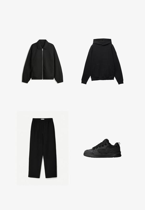 Zwarte jas van textuurstof, met een volledige rits aan de voorkant, een kraag, elastische manchetten, een ontspannen pasvorm en zijzakken.; Zwarte hoodie gemaakt van zacht materiaal met een voorkant zak, oversized silhouet, en een capuchon met trekkoord. Voorzien van ribgebreide manchetten en zoom.; Zwarte, wijde broek van een lichtgewicht stof. Voorzien van een elastische tailleband en een soepele textuur. Geen zichtbare patronen of hardware.; Zwarte sneakers met een gestructureerde bovenkant, voorzien van veters, mesh-details voor ademend vermogen, een gevoerd kraagje en een stevige zool.