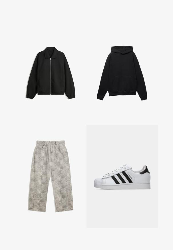 Czarna kurtka z teksturowanej tkaniny, z pełnym zamkiem z przodu, kołnierzem i elastycznymi mankietami, o luźnym kroju i kieszeniach po bokach.; Czarna bluza z kapturem z miękkiego materiału, z przednią kieszenią, w oversize'owym kroju i z regulowanym kapturem. Posiada ribbowane mankiety i dół.; Jasnoszare dżinsowe spodnie o luźnym, szerokim kroju. Posiadają subtelną marmurkową teksturę, pięć kieszeni oraz zapięcie na guziki z przodu.; Białe sneakersy Adidas Superstar z czarnymi paskami, noskiem w kształcie muszli i napisem "Superstar" z boku, pokazane w lewym profilu na białym tle.