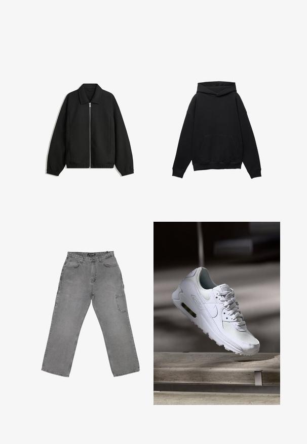 Czarna kurtka z teksturowanej tkaniny, z pełnym zamkiem z przodu, kołnierzem i elastycznymi mankietami, o luźnym kroju i kieszeniach po bokach.; Czarna bluza z kapturem z miękkiego materiału, z przednią kieszenią, w oversize'owym kroju i z regulowanym kapturem. Posiada ribbowane mankiety i dół.; Szare dżinsowe spodnie o luźnym kroju, z zapięciem na guziki z przodu, wieloma kieszeniami i delikatnym efektem przecierania.; Białe sneakersy Nike Air Max 90 z siateczkowym i skórzanym wierzchem, perforowanym czubkiem oraz widoczną jednostką Air w pięcie.