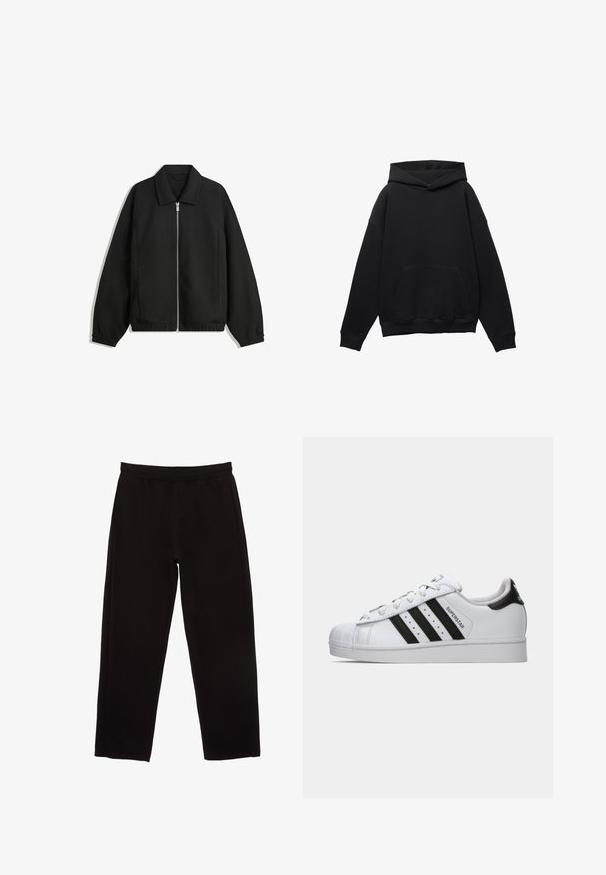 Sort jakke lavet af struktureret stof, med fuld frontlynlås, krave og elastiske mansjetter, i en afslappet pasform og sidelommer.; Sort hoodie lavet af blødt stof med en frontlomme, oversized silhuet og hætte med snoretræk. Har ribbede manchetter og kant.; Sorte sweatpants lavet af bomuld, med elastisk talje, lige ben og uden synlige lommer eller udsmykninger.; Hvide Adidas Superstar sneakers med sorte striber, shellsko-ås og "Superstar" tekst på siden, vist i venstre profil på hvid baggrund.