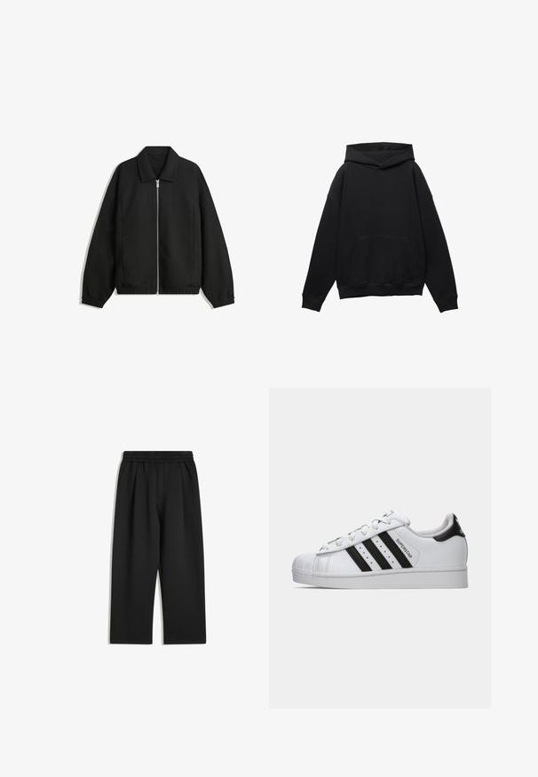 Črna jakna iz teksturirane tkanine, z dvostranskim zadrgo spredaj, ovratnikom in elastičnimi manšeti, sproščenega kroja in stranskimi žepi.; Črna kapuca iz mehkega materiala z sprednjim žepom, prevelikim krojem in kapuco z vrvico. Ima rebraste manšete in rob.; Črne široke hlače z elastičnim pasom in stranskimi žepi, prikazane na beli podlagi.; Belo Adidas Superstar čevljek z črnimi črtami, zaščitnim konicami in napisom "Superstar" na strani, prikazan v levem profilu na belem ozadju.